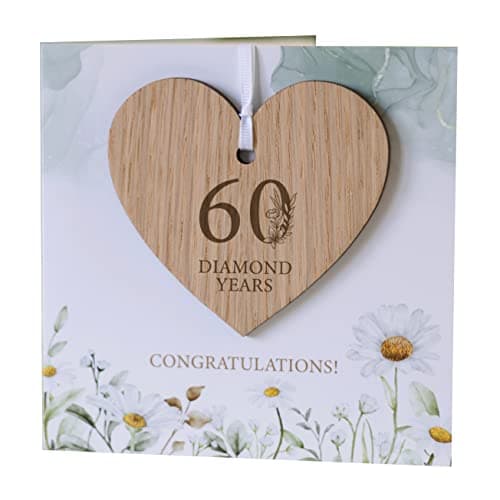 Image of 60th Wedding Anniversary Card With Wooden Heart Plaque Decoration Keepsake - Congratulations 60 Diamond Years Gift (60th Diamond)