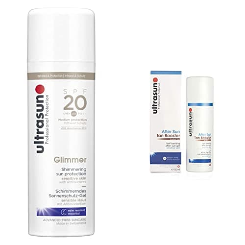 Image of ultrasun SPF20 Glimmer Sensitive Formula All Day Sun Protection Lotion, 150 ml &, After Sun Tan Booster 150ml, clear/tint