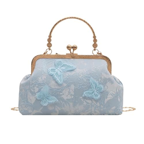 Image of ANNUOZE Clutch Bags for Women, Elegant Embroidery Butterfly Floral Evening Black Handbag, Vintage Cross Body Bag, Top Handle Bag for Bridal Wedding Party Prom (Blue)