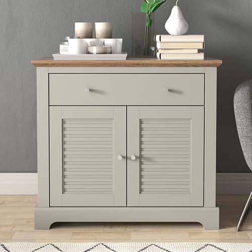 Image of Galano Milan Sideboard Cabinet – 2 Door 1 Drawer Storage Cupboard with Adjustable Shelf – Modern Buffet Unit for Living Room, Dining Room or Hallway – Light Grey/Oak