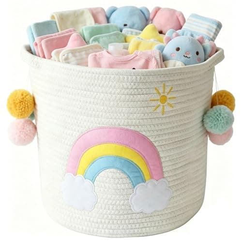 Image of Toy Storage Baskets Woven Cotton Rope Storage Basket Kids Blanket Baskets for Living Room, Toys Organizer with Colorful Rainbow and Pom-pom Decor, Baby Basket for Laundry Nursery Playroom