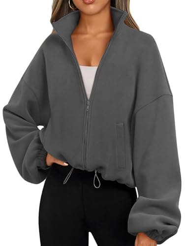 Image of Famulily Womens Zip Up Sweatshirts with Pockets Drawstring Long Sleeve Coats Y2K Cropped Jackets Dark Grey S