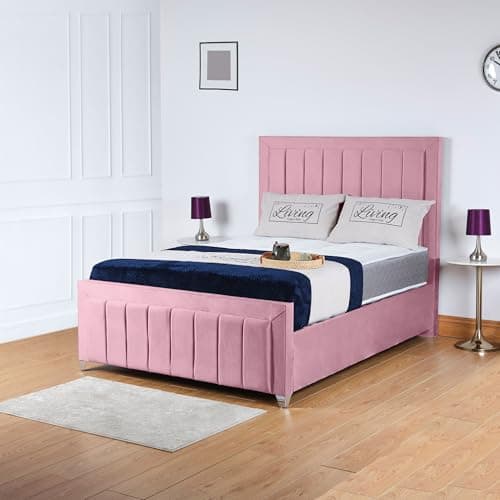 Image of Living Comfort Bedz | Upholstered Sierra Bed | Elegant Plush Velvet headboard & Foot-board Design | ottoman Gas lift-up storage small double bed frame (Pink, 4ft Small Double Gas Lift)