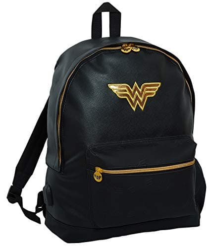 Image of DC Comics Wonder Woman Backpack Adults Kids Large School Black Leather PU Shoulder Bag A4 Laptop Size College Girls Work Rucksack + USB Port