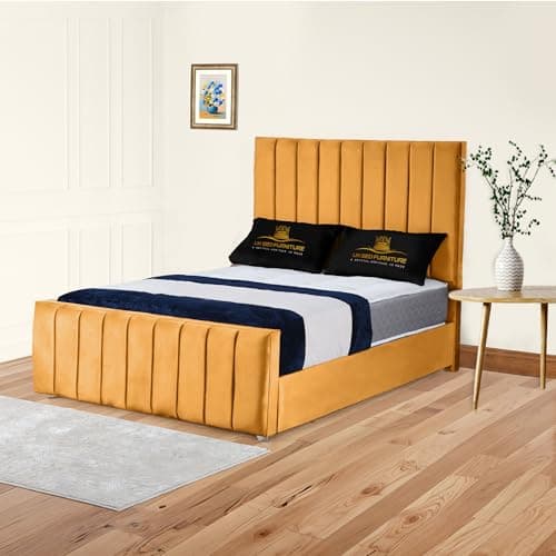 Image of Richmond Upholstered Bed Frame in Plush Velvet | Elegant Vertical Panel Headboard & Footboard | Gas Lift Storage or Wooden Slats (Mustard, 5FT King No Storage Slat Base With Mattress)