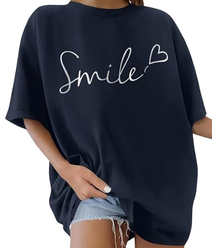 Image of Lonya Women's T-Shirts Round Neck Y2k 90s Oversized T Shirts for Women Ladies Short Sleeve Graphic Print Summer Baggy Plus Size Casual Cotton Tee Tops,Deep Navy Blue,XL