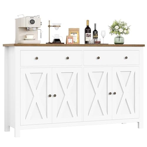 Image of FirFurd 140cm Sideboard White Kitchen Sideboard Storage Cabinet Large Kitchen Cabinet Cupboard with Adjustable Shelves 4 Doors 2 Drawers for Living Room Dining Room Furniture 140x40x89cm