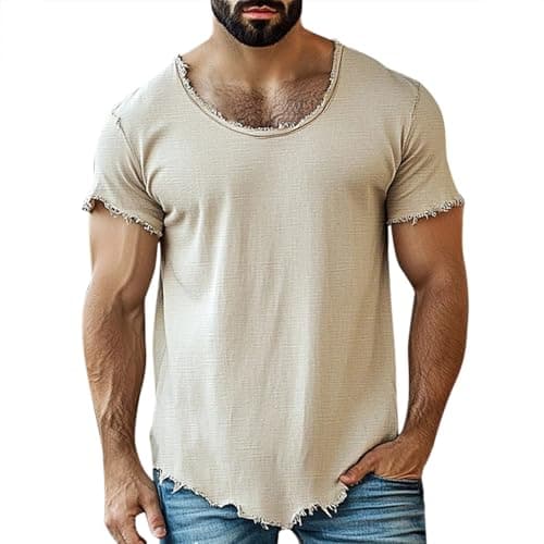 Image of Mens Wide Scoop Neck Muscle T-Shirt - Casual Short Sleeve Slim Fit Top, Soft Breathable Cotton for Summer & Gym Wear Khaki S