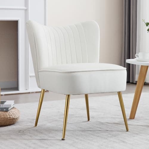 Image of Ya-Home Velvet Accent Chair Upholstered Occasional Tub Chair with Golden Metal Legs Wingback Armless Side Chair for Living room, Beige