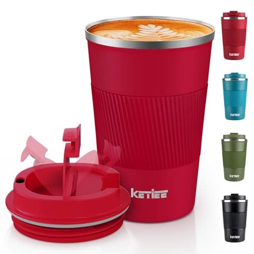 Image of KETIEE 380ml Insulated Travel Mug With Leakproof Lid - Double Walled Stainless Steel Cup for Hot and Cold Drinks - Red