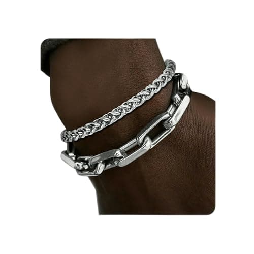 Image of Trinckle 2 PCS Stainless Steel Bracelet for Men, Chunky Silver Chain Bracelet as Fathers Day Gift for Dad, Stainless Steel Bangles as Waterproof Mens Jewelry for Him