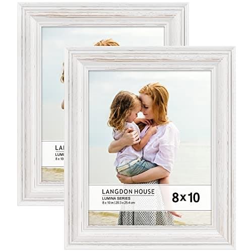 Image of Langdon House - 10x8 Real Wood Picture Frames - Weathered White - Gold Accents, 2 Pack - French Country Style Wooden Photo Frame 10 x 8 - Lumina Collection
