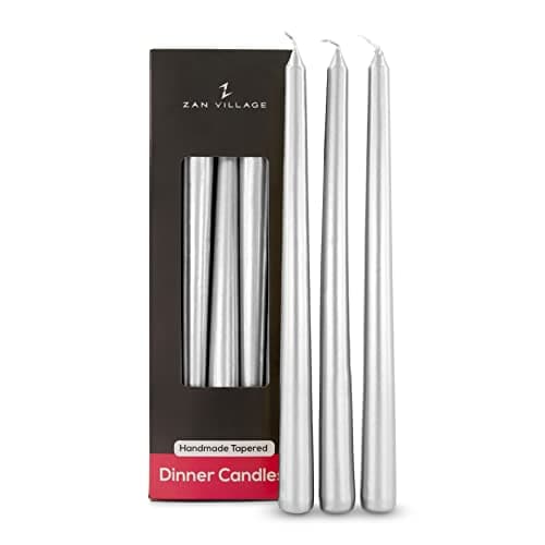 Image of Zan Village Candle Company Taper Dinner Candles, 10 Pack, Long-Lasting 7-Hour Burn Time, Classic Long Venetian Style, Unscented, Dripless Candling, Made in the UK - Silver