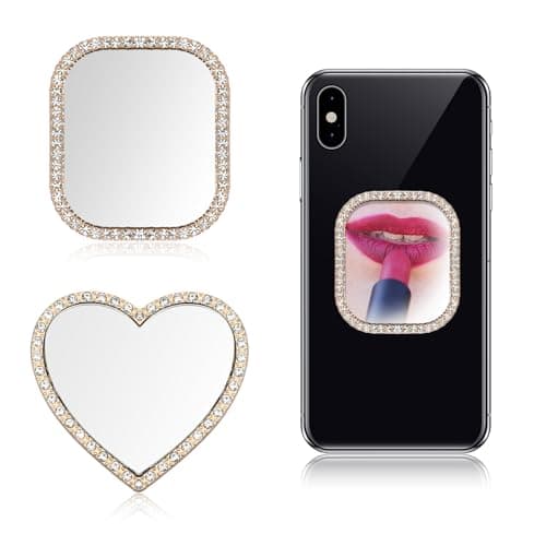 Image of Lnngub 2 Pcs Phone Mirror Stick On,Square Phone Mirror Heart Phones Case Mirrors with Gold Zinc Alloy Frame Adhesive Mirrors Decal for Phones Case