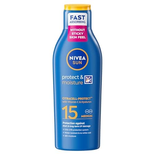 Image of NIVEA SUN Protect & Moisture Sun Lotion SPF 15 (200 ml), Suncream with Vitamin C and Hyaluron, Provides 48H Moisture and Immediate UVA/UVB Protection, Fast-Absorbing, No White Cast Formula