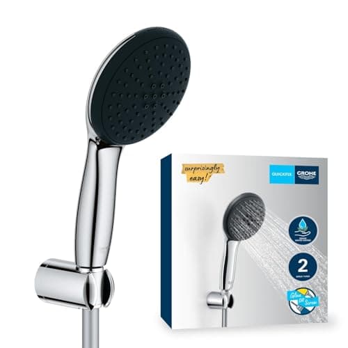Image of GROHE Vitalio Start 110 - Shower Set (Round 11 cm Hand Shower 2 Sprays: Rain and Jet, Anti-Limescale System, Hose 1.75 m, Wall Holder, Water Saving), Easy to Fit with GROHE QuickGlue, Chrome, 27950001