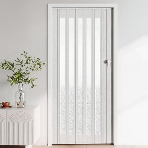 Image of INMOZATA Folding Doors Internal PVC Plastic Features Artistic Patterned Glass Internal Doors with Handle Sliding Concertina Door Panel Divider, Thickness 10mm
