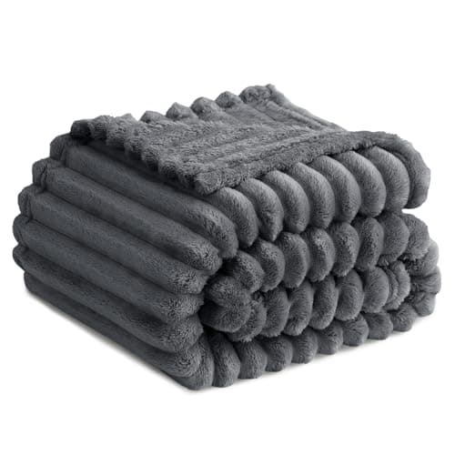Image of RUIKASI Fleece Throw Blanket for Sofa - Single Fluffy Grey Throws for Sofas Large, Soft Warm Blanket Throw for Couch, Luxury Decorative Ribbed Bed Blanket 130x150cm