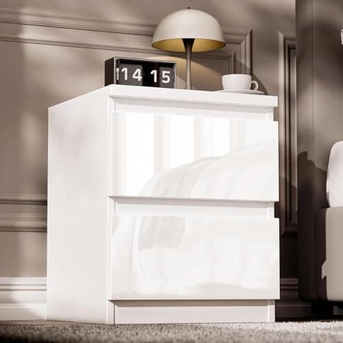 Image of Blisswood White High Gloss Chest of Drawers 2 Drawer Bedroom Furniture Storage Unit with Smooth Metal Runners, Modern Tall Cabinet for Bedroom, Living Room, Office or Hallway Furniture (White)