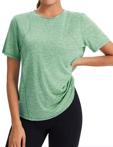 Image of Gyabnw Women's Crew Neck Short Sleeve Gym Tops Lightweight Breathable Mesh Workout Shirts Quick Dry Sports T-Shirts for Yoga and Training Green