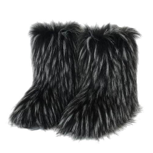 Image of ENEN Furry Boots Womens Size 5-10, Winter Ladies Furry Knee High Snow Boots Warm Soft Plush Slip On Snow Shoes for Cold Weather Outdoor Indoor (BZ17 White/Black,5.5)
