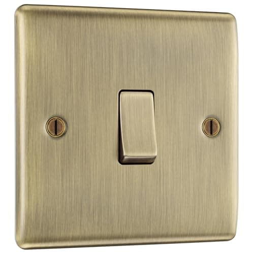 Image of BG Electrical Single Wall Light Switch, 2 Way, Raised and Slim Profile, Round Edges, Nexus Metal, Antique Brass, 20A, 16AX, NAB12