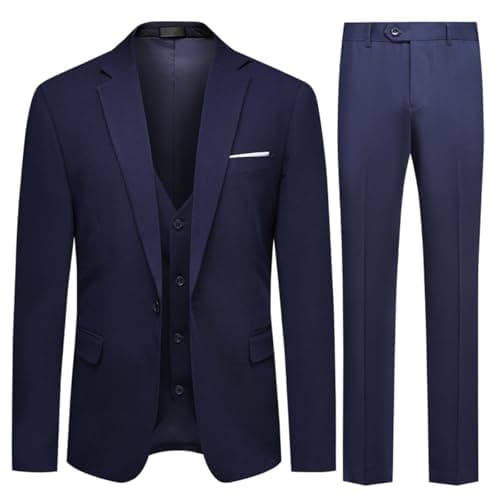 Image of Allthemen Mens 3 Piece Suit 1 Button Business Solid Color Stretch Tuxedo Blazer Waistcoat Trousers Navy Blue XL