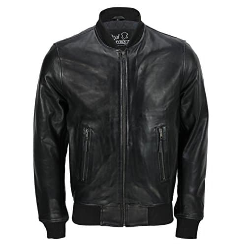 Image of Xposed Mens Black Soft Real Leather Vintage Collar Bomber Style Biker Jacket [Without Collar,XL]