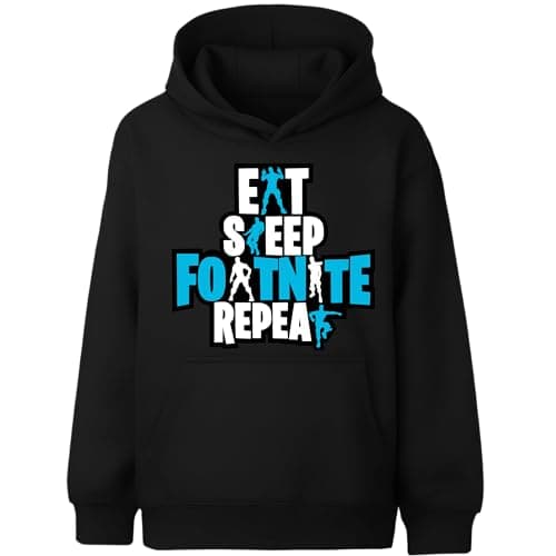Image of Fringoo Gamer Hoodie Grey for Boys Cotton Rich Soft Hooded Sweatshirt for Boys Gaming Pullover Jumper with Kangaroo Pocket Age 5-13 (UK, Age, 12 Years, 13 Years, Regular, Black - EAT FORT)