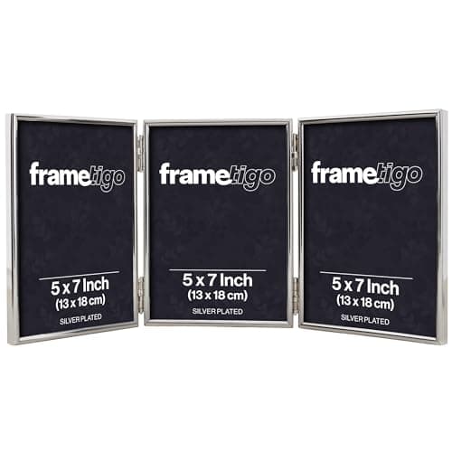 Image of Frametigo - Silver Plated Thin Edge Triple Photo Frame, 5"x7" (13x18cm) Photo Size - Portrait Orientation - Velvet Frame Backing - Polished Edge Real Glass - Stylish Silver Frames - Tarnish Resistant