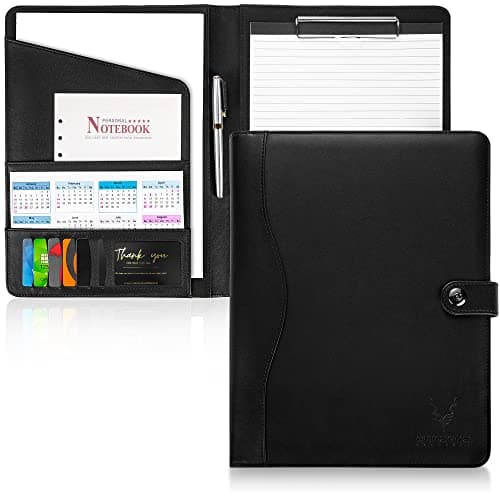 Image of AMKSONS Portfolio Folder a4 in Black with Clip Board and A4 Notepad - Premium PU Leather Clipboard Folder with Document Compartments, Document Holder, Pen Holder, Flip Cover and Magnetic Closure