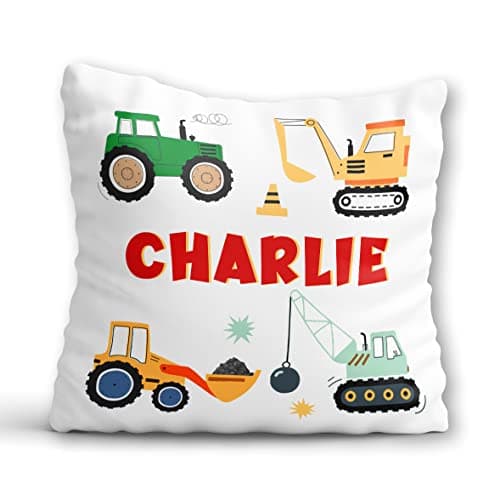 Image of Tractor Digger Cushion - Construction Trucks Pillow - Excavator Crane Birthday Gift for Boys - Personalised Christmas Gift Newborn Toddler Grandson Grandchild Nephew Boy - Transport Nursery Room Decor