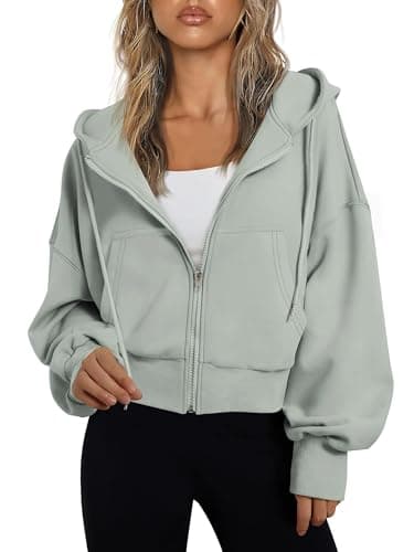 Image of Jhsnjnr Womens Drawstring Cropped Sweatshirts Casual Short Jackets Coat Long Sleeve Zip Up Sport Hoodies Light Green