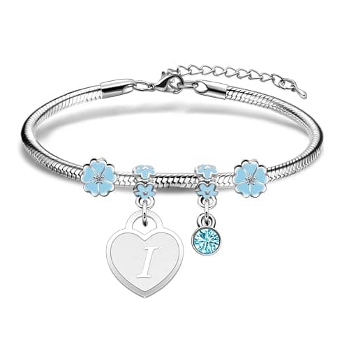 Image of Casxyue Women's Bracelets With Initial Charm Bracelet Silver A-Z Letter Love Heart Pendant Jewellery Birthday Christmas Gifts For Women Teen Girls (I)