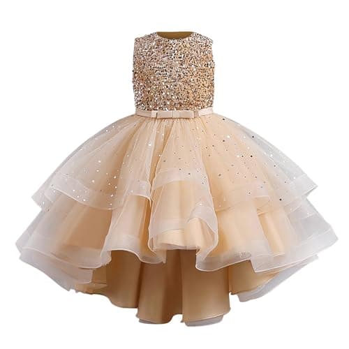 Image of Girls Sequins Bowknot Fairy Short Dresses Pageant Tulle Dress Bowknot Christening Off Shoulder Gown Dress for Teen Girls Sequins Puffy Yarn Trailing Dresses (Gold, 9-10 Years)