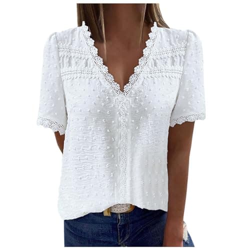 Image of Short Sleeve Blouses for Women UK Broderie Anglaise Tops Elegant Ladies Tops Lace Cutout Patchwork Shirts Womens V Neck Puff T-Shirt Blouse Shirts Summer Plus Size Casual Loose T-Shirt White