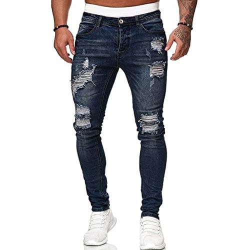 Image of Men's Stretch Skinny Ripped Jeans, Super Comfy Distressed Denim Pants with Destroyed Holes (Dark Blue, L)