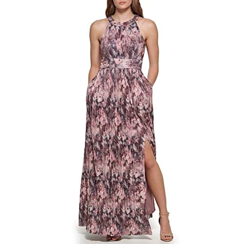 Image of Eliza J Women's Gown Style Metallic Knit Sleeveless Halter Neck Pleated Dress, Plum, 14