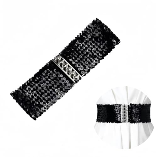 Image of SamHeng Women Wide Sequin Belt Glitter Elastic Stretchy Waistband Cinch Belt Metal Buckle for 80s Costume Party Disco Party, Black