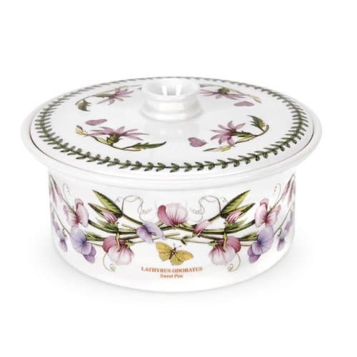 Image of Portmeirion Botanic Garden Covered Casserole | 3 Pint Casserole Dish with Sweet Pea Motif | Made from Porcelain | Oven, Dishwasher, and Microwave Safe