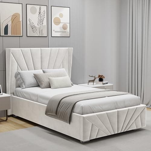 Image of Upholstered Ottoman Bed Single Bed Frame UKFR Velvet Beige Ottoman Storage Bed with Gas Lift End Opening Wooden Slats with Storage Bed (3ft Single 90 x 190, No Mattress)