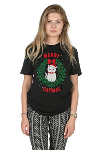 Image of Sanfran - Merry Catmas Top Fashion Christmas Slogan Xmas Meowy Funny Crazy Cat Lady T-Shirt - Large/Black