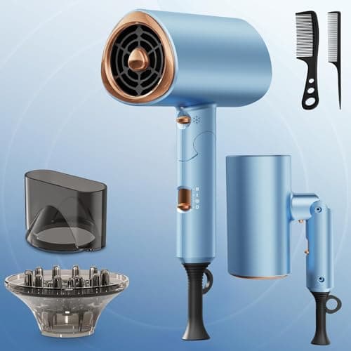 Image of Hair Dryer【Foldable & 20M Ions】 2000W Professional, Fast Dry with 2 Speed 3 Heat, Cool Shot, Diffuser & Concentrator, Styling Combs, for Men & Women, Travel & Gym, Pearl Blue