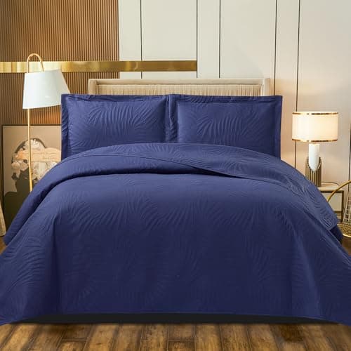 Image of B&B Quilted Bedspread Bed Throws - Luxury Embossed Tropical Leaf Pattern Reversible Quilt Bedspreads Coverlets for Bedroom Decor with Matching Pillow Shams (Double, Dark Blue)