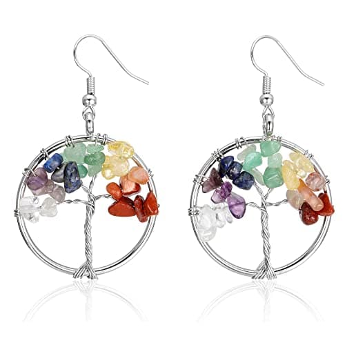 Image of JOVIVI Women Silver Tree Of Life Drop Earrings 7 Chakra Matural Tumbled Gemstone Wire Wrapped Crystal Dangle Dangly Earrings for Girls Ladies Bohemian Jewellery Mothers Day Mum Gifts