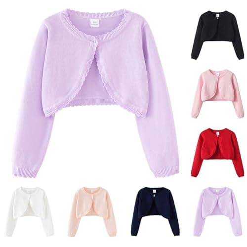 Image of Girls Cropped Bolero Cardigan Cute Knitted Sweaters Kids Long Sleeve Ruffle Trim One Button Shrug for Evening Dress Crew Neck Shawl Warm Trendy Open Front Jacket (Purple, 4-5 Years)