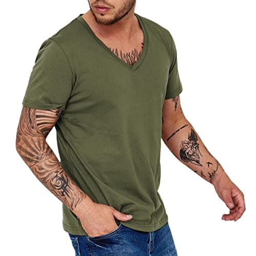 Image of Cocila White Shirt Men V Neck T Fashion Casual Breathable Wicking Short Sleeve Top (Army Green, M) Gym Tank Tops for Black Cotton Vest Long Polo Mens Shirts Bowling Yellow Hawaiian Sleeved