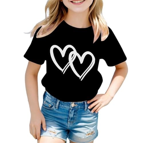 Image of Girls' Cute Graphic Print Cotton T-Shirt - Round Neck Short Sleeve Tee, Lightweight Soft Summer Casual Top for School, Christmas, Age 3-12 (05-Black, 7-8 Years)