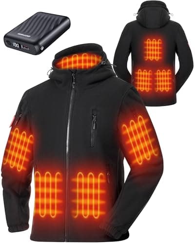 Image of GOTOBI Men's Fleece Heated Jacket with Power Bank 12V 18400mAh, 8 Heating Zones Hooded Winter Coat with 3 Temperature Levels, Warm Jacket for Cycling, Camping & Outdoor Work, Black