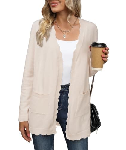Image of Newshows Cardigans for Women UK Lightweight Ladies Long Sleeve Open Front Scalloped Knitted Elegant Cardigan Beige,L